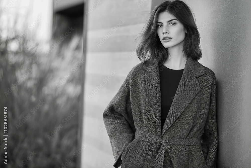 Elegant Monochrome Portrait of a Woman in a Stylish Overcoat