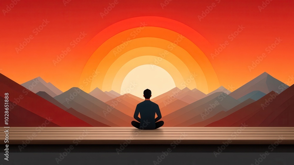 Person meditating at sunset in serene landscape. Person meditating at sunset in serene landscape.