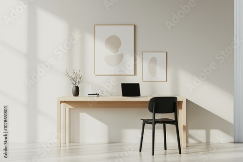 Obraz na płótnie Sleek Modern Home Office Setup with Minimalist Art w salonie