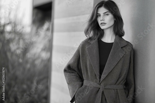 Obraz na płótnie Elegant Monochrome Portrait of a Woman in a Stylish Overcoat w salonie