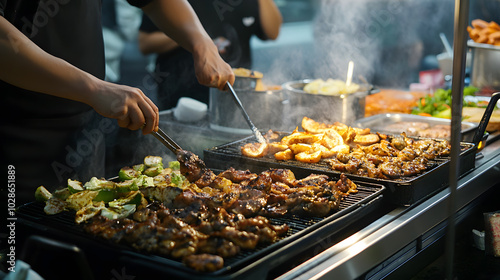 Street food meets laboratory precision, urban science fusion photo