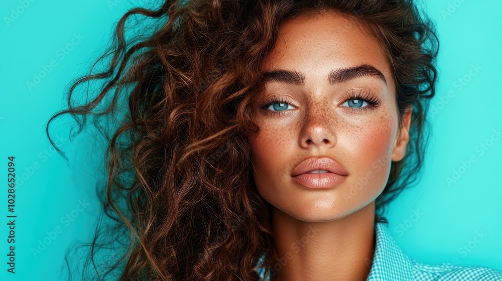 A woman with curly hair poses in profile against a bright teal background, beautifully emphasizing her features and the vibrant, textured aesthetic of the scene. A woman with curly hair poses in profile against a bright teal background, beautifully emphasizing her features and the vibrant, textured aesthetic of the scene.