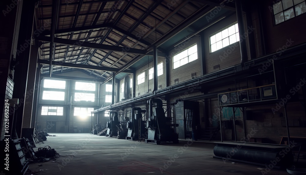Empty industrial warehouse with equipment in dim light during the evening Empty industrial warehouse with equipment in dim light during the evening