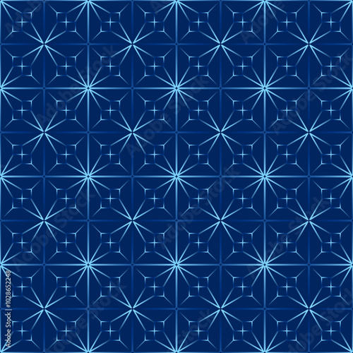 Abstract geometric polygonal seamless pattern. Blue gradient tiles on dark blue background. Magical illusion stars ornament. Mosaic square tile. Monochrome dark blue design for web, textile, etc.