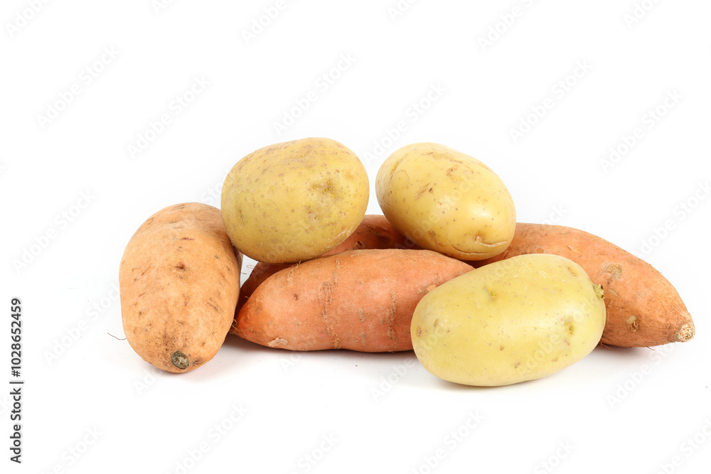 raw potatoes and sweet potatoes isolated on white raw potatoes and sweet potatoes isolated on white