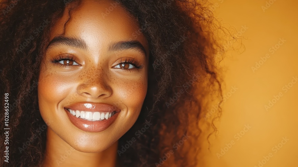 Radiant woman with freckles and curly hair smiling warmly against a bright orange background, her natural beauty accentuated by the sunlight. Radiant woman with freckles and curly hair smiling warmly against a bright orange background, her natural beauty accentuated by the sunlight.