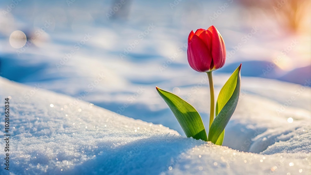 A lone red tulip blooms defiantly amidst a pristine expanse of glistening snow, a vibrant testament to life's enduring strength and the promise of spring's arrival. A lone red tulip blooms defiantly amidst a pristine expanse of glistening snow, a vibrant testament to life's enduring strength and the promise of spring's arrival.