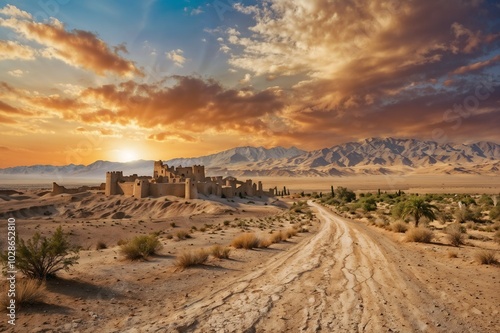 Dirt desert road leading to a ancient city civilization. Vibrant sunset sky. Fictional middle eastern biblical city castle ruins. Arid dry landscape with mountains. Cities such as: Bethany, Antioch. photo