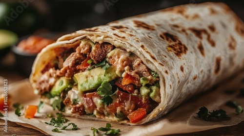 A delicious burrito filled with ingredients like beef, avocado, cheese, and vegetables rests on parchment paper, showcasing vibrant colors and flavors. photo