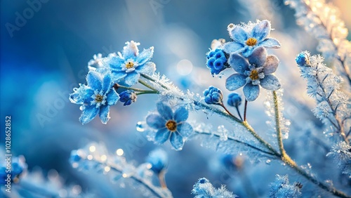 Delicate Blue Blossoms Coated in a Frost-Kissed Embrace