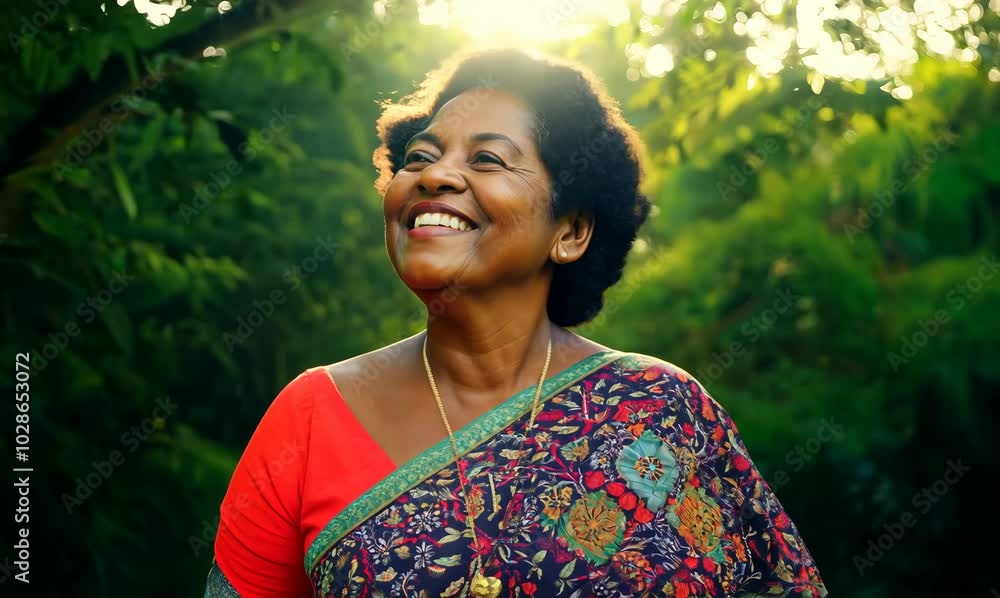 Joyful Angolan Woman Smiling in Lush Forest Joyful Angolan Woman Smiling in Lush Forest