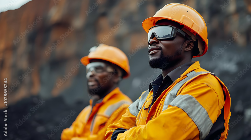 Two workers in safety gear pose confidently at a mining site. Two workers in safety gear pose confidently at a mining site.