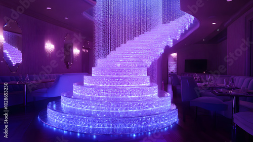 Synthetic caviar tower, crystal stairs presentation, LED underlighting, luxury styling photo