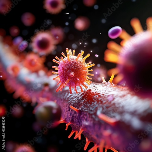 Vivid close-up of a virus on a cellular surface, showcasing intricate details and vibrant colors. photo