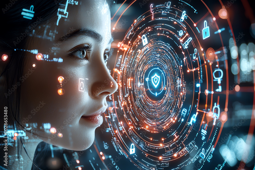 A profile of a woman surrounded by digital interface graphics and holograms. A profile of a woman surrounded by digital interface graphics and holograms.