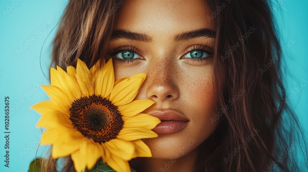 A striking portrait of a woman with vivid blue eyes and a sunflower, symbolizing warmth and vitality, set against a bright blue backdrop creating an enchanting contrast. A striking portrait of a woman with vivid blue eyes and a sunflower, symbolizing warmth and vitality, set against a bright blue backdrop creating an enchanting contrast.