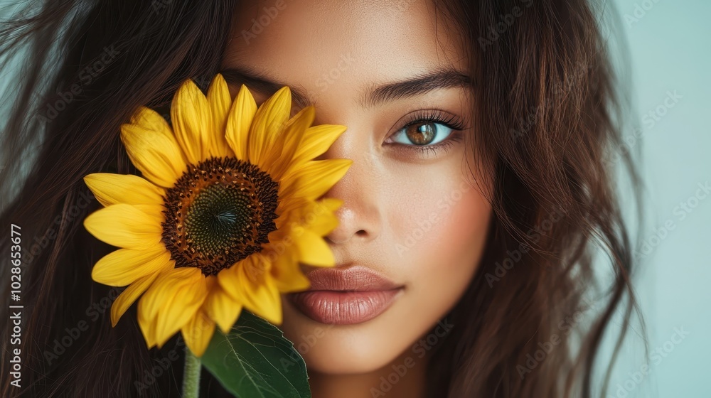 A young woman gently holding a sunflower captures cheerful energy and youthful essence against a bright backdrop, making for a lively and optimistic portrait. A young woman gently holding a sunflower captures cheerful energy and youthful essence against a bright backdrop, making for a lively and optimistic portrait.