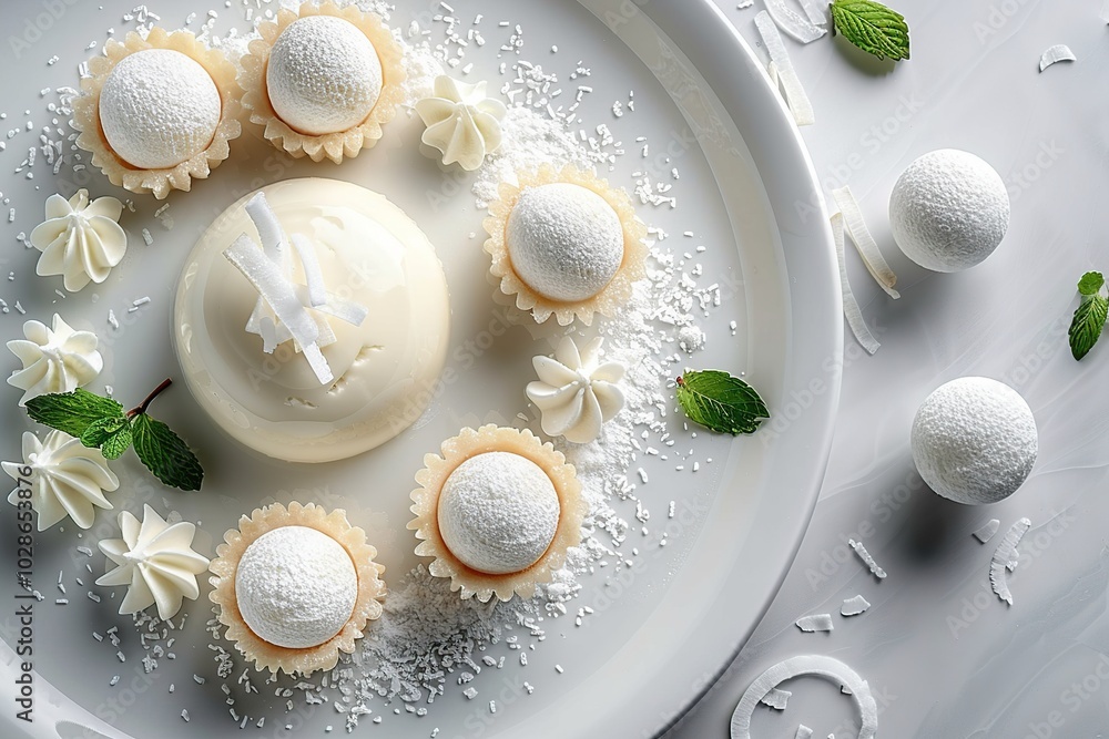 Fototapeta premium White chocolate mousse with coconut and mint garnish on a white plate.