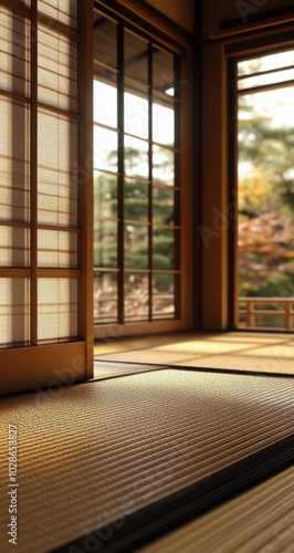 A serene Japanese room with sliding doors and tatami flooring, showcasing the beauty of minimalistic design and nature.