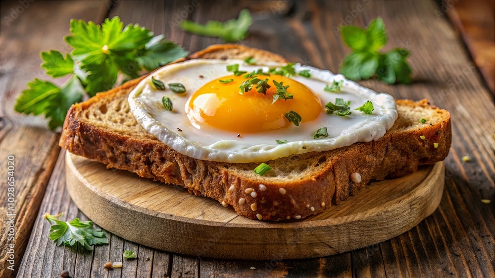 A golden yolk shines through a perfectly fried egg resting on a slice of toasted bread, surrounded by fresh herbs and a rustic wooden background. A golden yolk shines through a perfectly fried egg resting on a slice of toasted bread, surrounded by fresh herbs and a rustic wooden background.