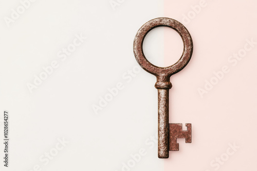 Close-up of a rusted vintage key against a minimalistic, split-tone background of white and light pink, symbolizing mystery and history. 