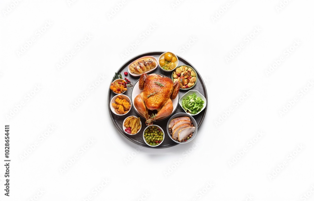 A roasted chicken with side dishes and a sprig of rosemary, arranged in a circle on a black tray. A roasted chicken with side dishes and a sprig of rosemary, arranged in a circle on a black tray.