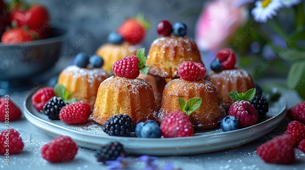 A plate of mini cakes topped with fresh berries and powdered sugar. A plate of mini cakes topped with fresh berries and powdered sugar.