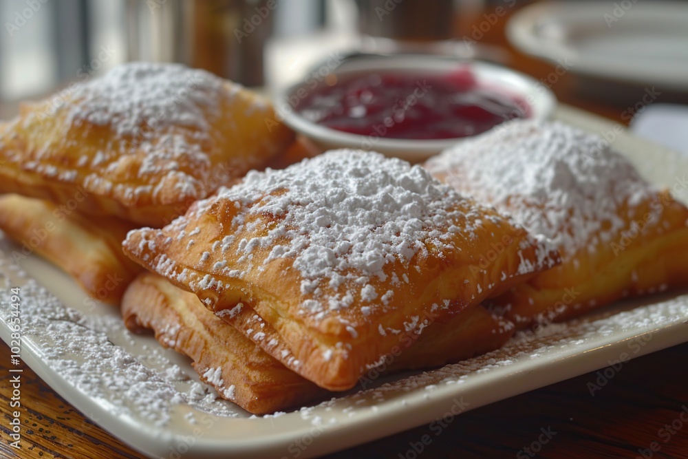 A close-up of three golden beignets dusted with powdered sugar served on a white plate with a dish of red fruit preserves. A close-up of three golden beignets dusted with powdered sugar served on a white plate with a dish of red fruit preserves.