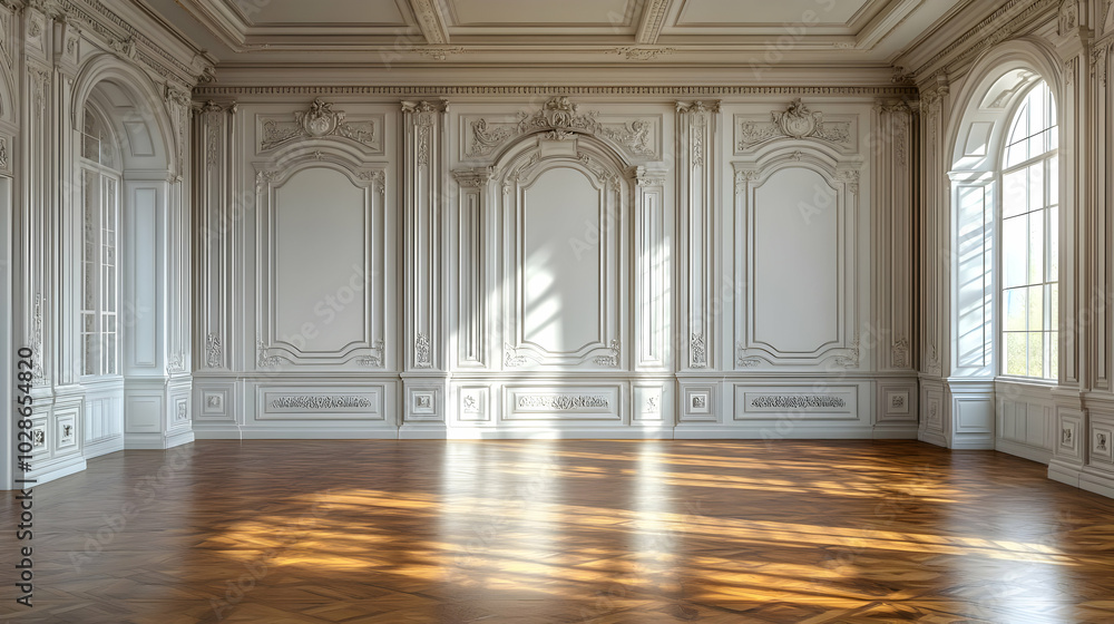 Elegant, empty room with ornate details and natural light. Elegant, empty room with ornate details and natural light.