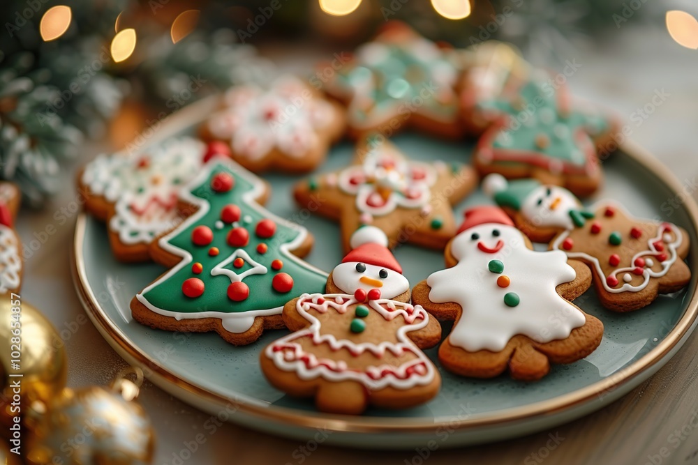 Obraz premium A plate of decorated gingerbread cookies with a variety of shapes, including a snowman, gingerbread man, and a Christmas tree, with a blurred background of Christmas lights and greenery.