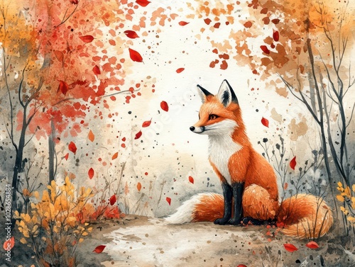 charming watercolor illustration featuring a curious fox perched on a winding nature trail, surrounded by vibrant autumn leaves and whimsical trees, evoking a sense of adventure photo