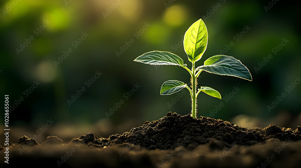Naklejka premium A young plant emerging from rich soil, symbolizing growth and renewal.