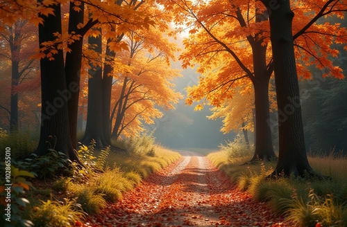 Path in the park in autumn. Natural landscape, hiking trail in the park between the trees. A place to walk and get in touch with nature photo