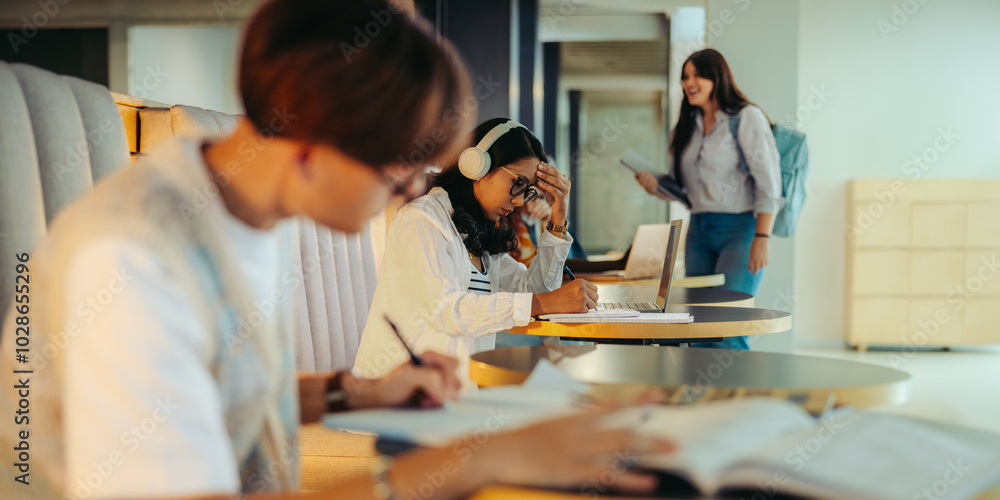 Fototapeta premium High school students studying in a modern study centre, focused on learning with books and laptops