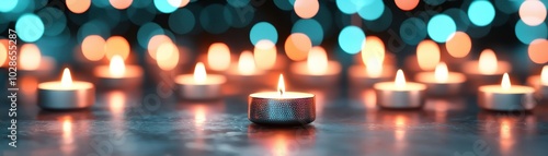 Softly glowing candles surrounded by colorful bokeh lights, creating a warm and inviting atmosphere.