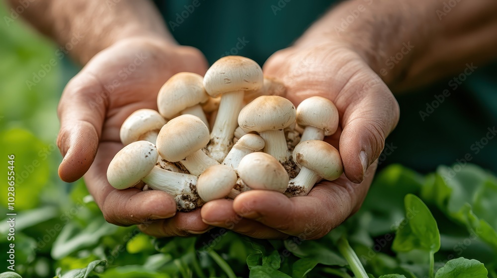 Two hands cradle a selection of freshly harvested mushrooms surrounded by vibrant green plants, reflecting the cycle of growth and the nurturing essence of nature. Two hands cradle a selection of freshly harvested mushrooms surrounded by vibrant green plants, reflecting the cycle of growth and the nurturing essence of nature.