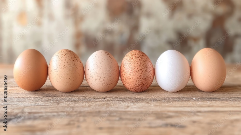 A selection of six eggs laid out on a wooden table showcasing diverse colors and patterns, highlighting rustic charm and natural food diversity. A selection of six eggs laid out on a wooden table showcasing diverse colors and patterns, highlighting rustic charm and natural food diversity.
