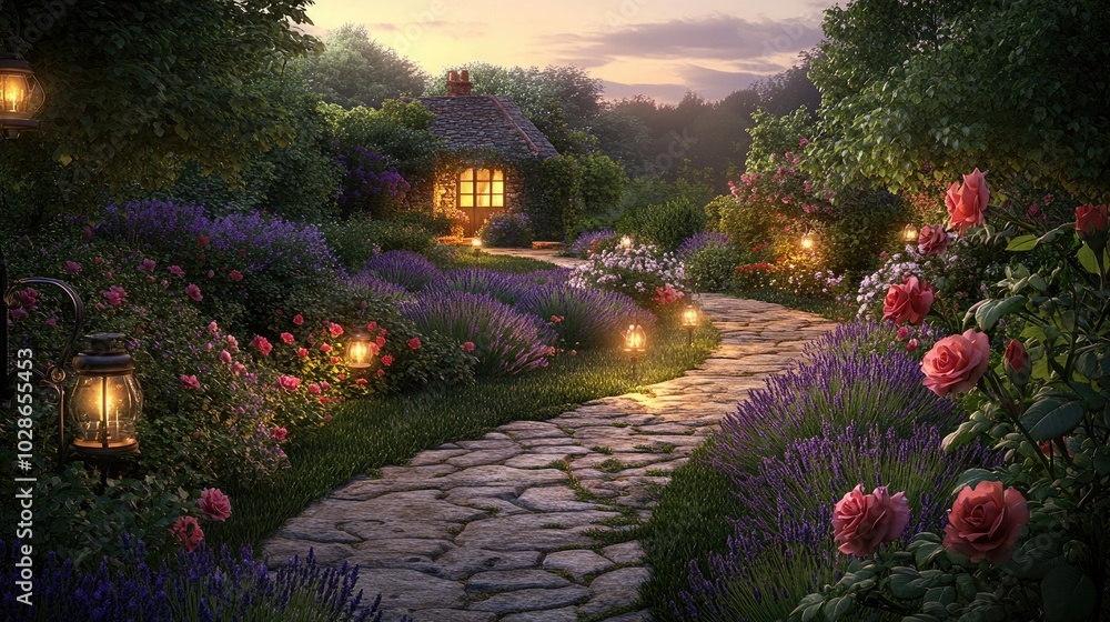 Fototapeta premium A serene garden path leading to a hidden cottage