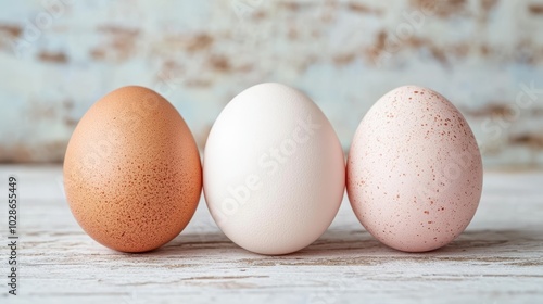 Three eggs, different colors and textures, resting on a textured wooden surface, ideal for highlighting the simplicity and beauty of natural food products.