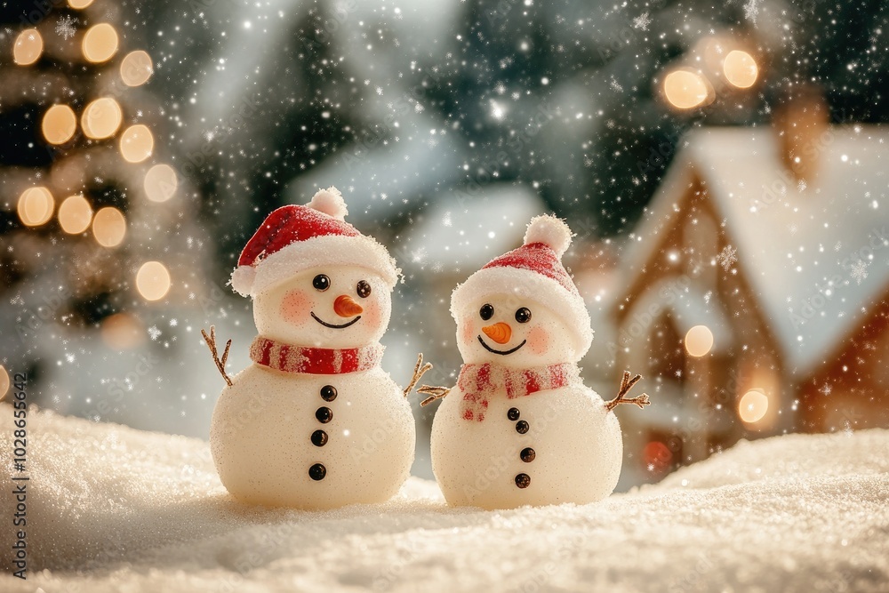 Two Smiling Snowmen in a Snowy Winter Wonderland Two Smiling Snowmen in a Snowy Winter Wonderland