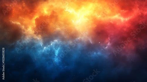 Abstract background with blue, orange, and red clouds.