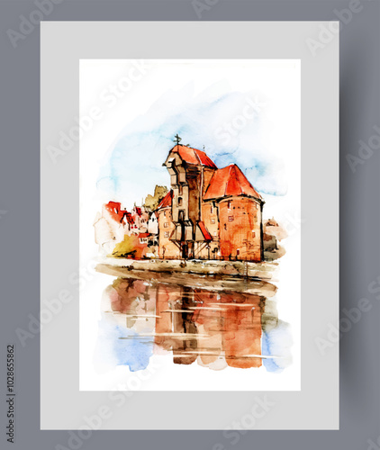 Antique red brick architecture on river bank with building reflected in water on wall art. Watercolor artwork. Poster with architecture in Poland in city of Gdansk, in frame with decor for print