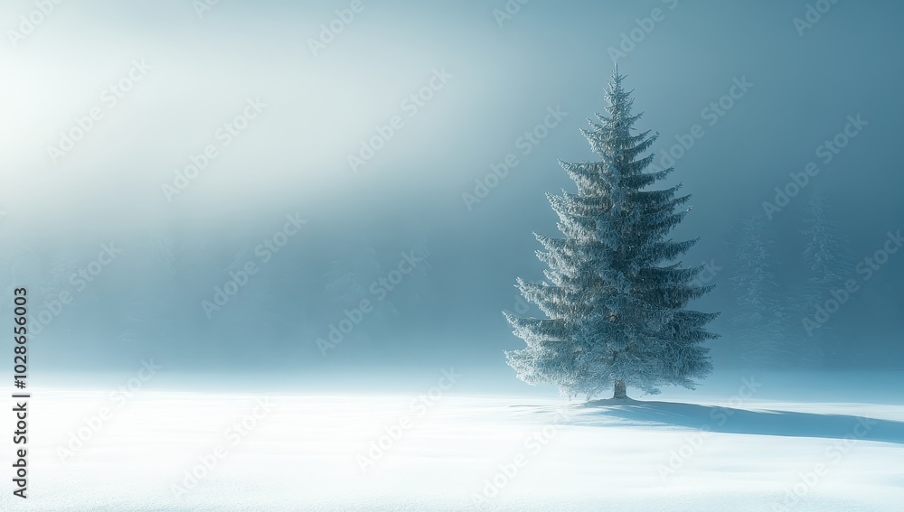 Solitary Snow Covered Pine Tree in a Misty Winter Solitary Snow Covered Pine Tree in a Misty Winter
