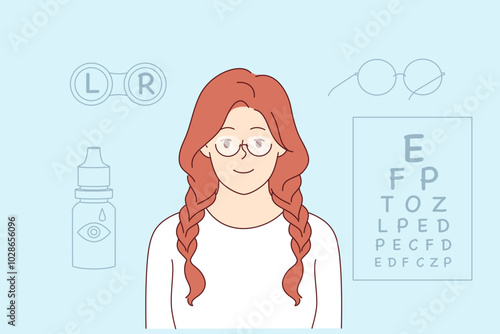 Woman solves vision problems with glasses or contact lenses and stands near ophthalmology table. Girl visitor to ophthalmology office smiles, rejoicing at opportunity to get rid of myopia