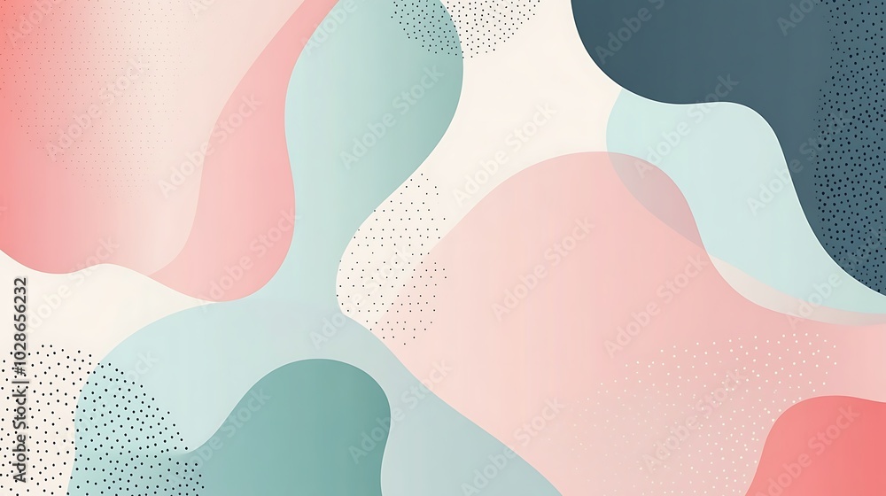 Fototapeta premium Abstract background with pink, blue, and green fluid shapes and white polka dots.