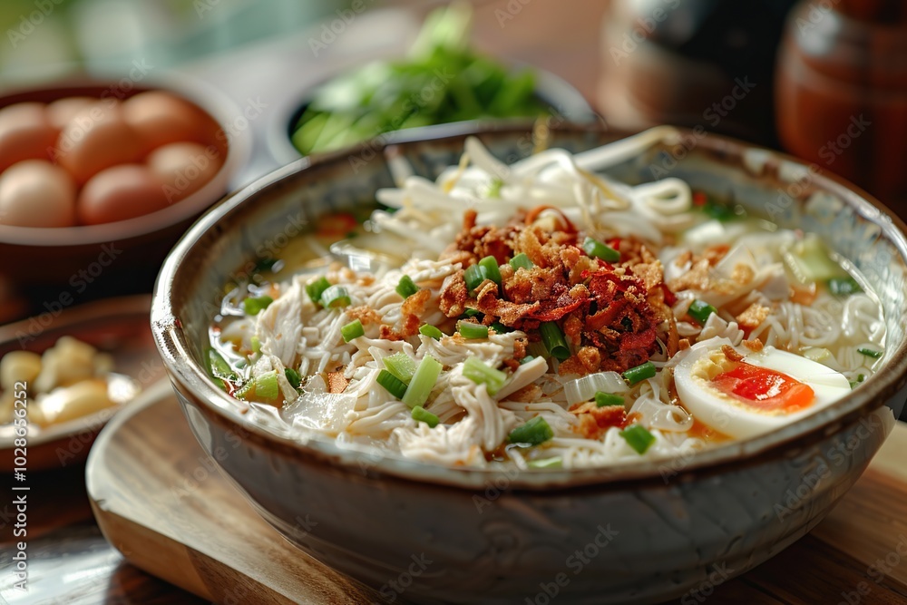 A bowl of chicken noodle soup with a soft-boiled egg, green onions, bean sprouts, and fried onions. A bowl of chicken noodle soup with a soft-boiled egg, green onions, bean sprouts, and fried onions.