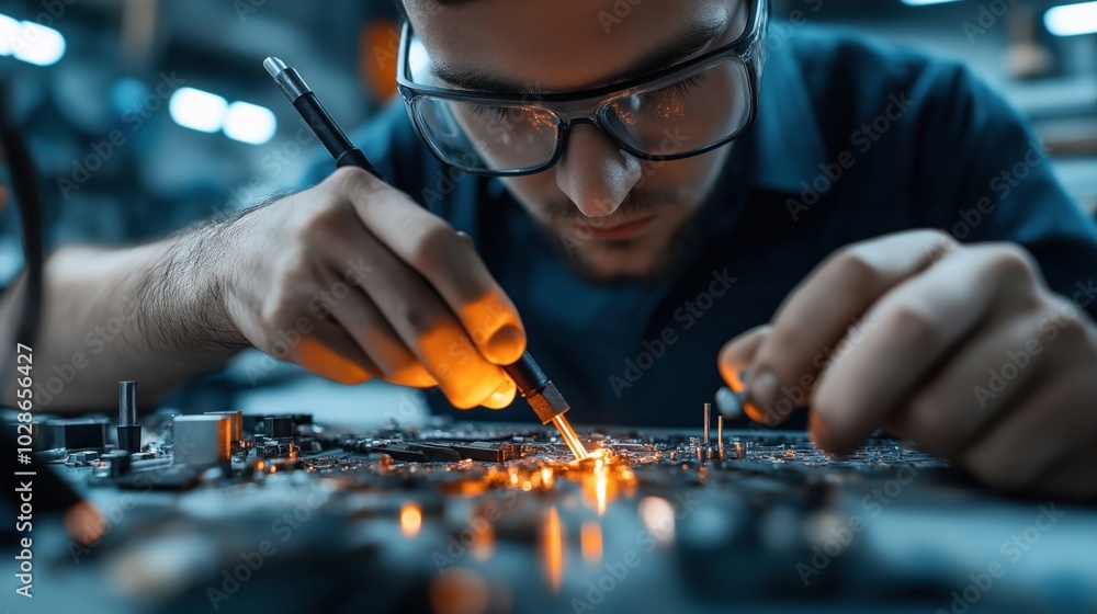 Close-up of a focused technician wearing safety glasses soldering components on an electronic circuit board, with a glowing soldering iron and intricate details of the electronics. Close-up of a focused technician wearing safety glasses soldering components on an electronic circuit board, with a glowing soldering iron and intricate details of the electronics.