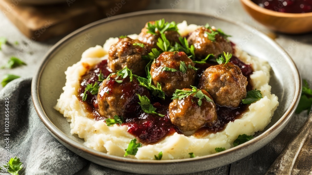 Swedish Meatballs with Mashed Potatoes and Cranberry Sauce Swedish Meatballs with Mashed Potatoes and Cranberry Sauce