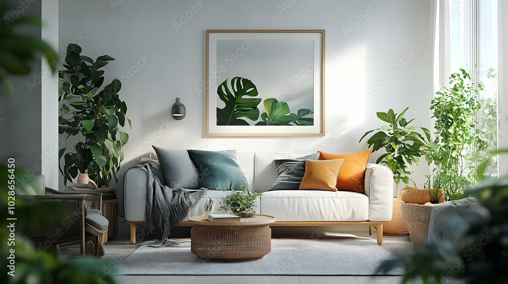 Cozy living room with plants and modern decor. Cozy living room with plants and modern decor.