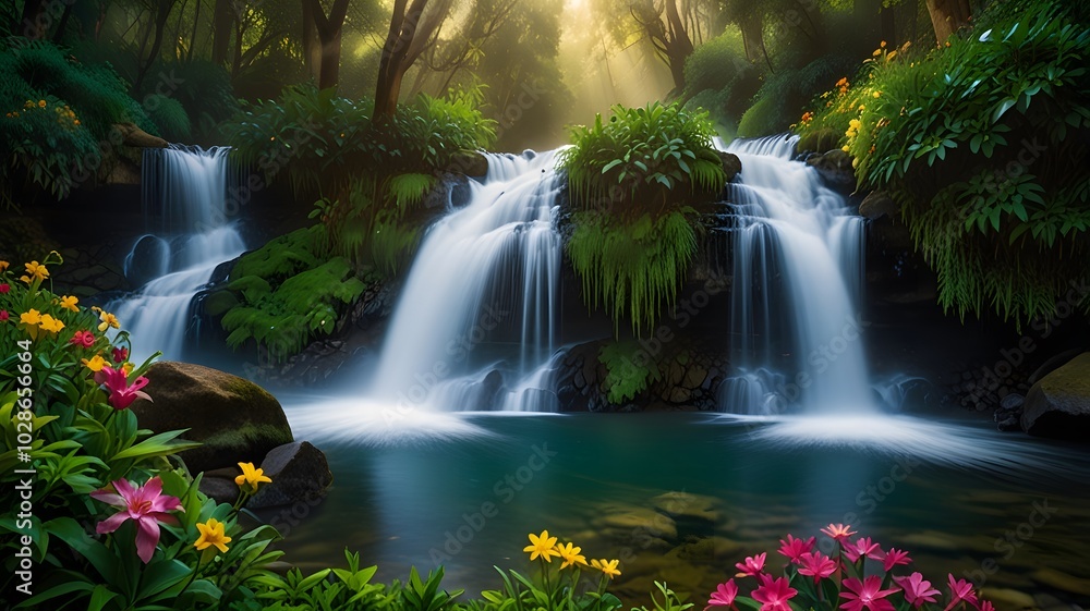 Obraz premium Beautiful waterfall view, landscape Created with Generative AI technology.